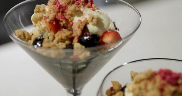 Honey Crumble with Kawkawa Glazed Fruit